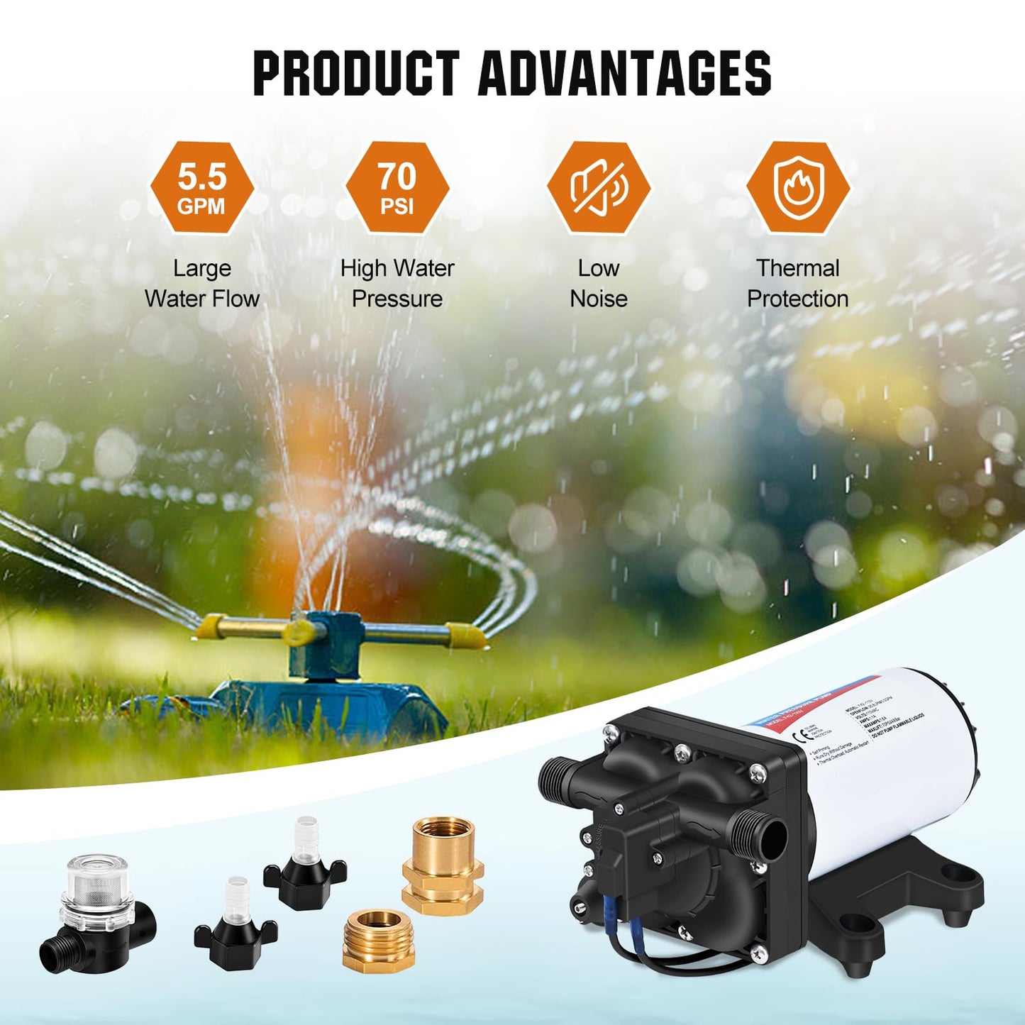YOUNGTREE Electric Water Transfer Pump 110V AC 5.5GPM 70PSI, 110 Volt Water Pressure Diaphragm Booster Pump On Demand for Home Garden Irrigation Car Washing Rain Barrel Pool Drainage