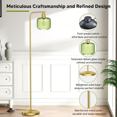 Glass Floor Lamp for Living Room, Modern Standing Lamp with Green Ribbed Glass Lampshade and Pedal Switch, 66” Tall Lamp & Gold Floor Lamp for Bedroom Study Room,Brushed Gold(3000K LED Bulb Included)