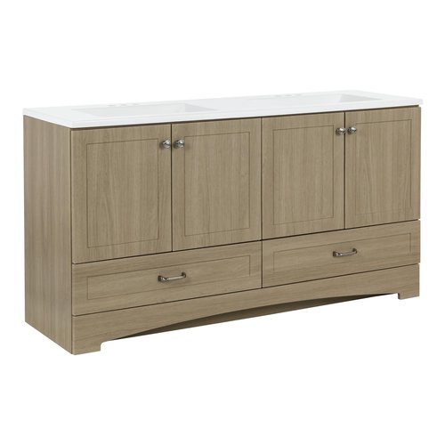 Spring Mill Cabinets Emlyn 60 Inch Double-Sink Bathroom Vanity with White Top, 2 Cabinets, 2 Drawers, 60.5" W x 18.75" D x 32.89", Sandy Oak