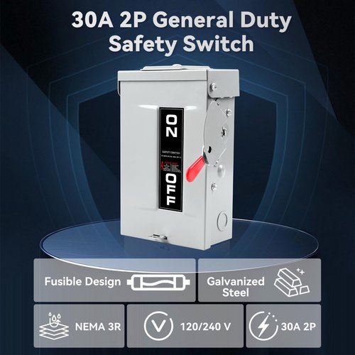 30 Amp Disconnect Box, 2 Pole Fusible Safety Switch, 110/240V, Heavy Duty Metal Structure, Reserved Knout-Outs Design, NEMA 3R Enclosure for Outdoor, 10-Year Warranty, Ideal for Commercial Application