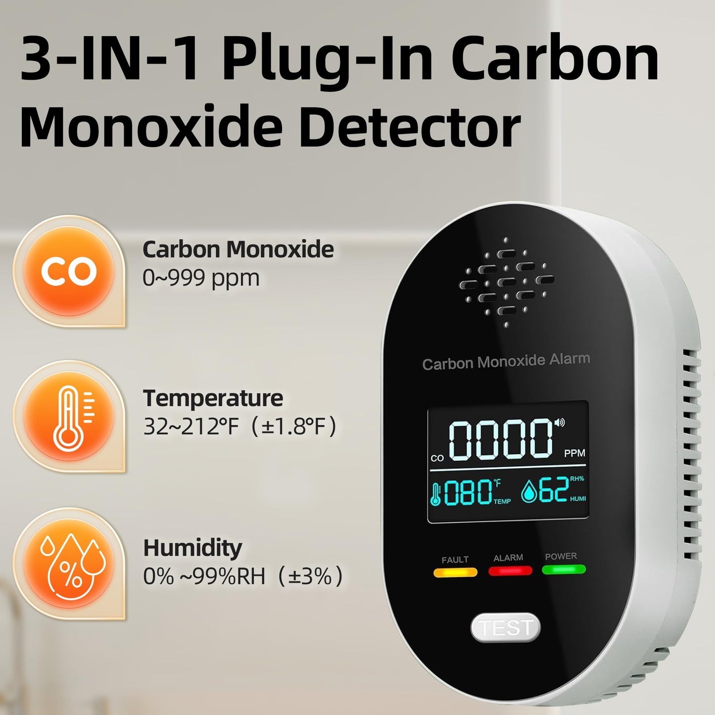 3-in-1 Carbon Monoxide Detectors, Carbon Monoxide Detector Plug in with Temperature Humidity Sensor Built-in, Carbon Monoxide Alarm with Clear LCD Display and Sound Warning, Easy to Install