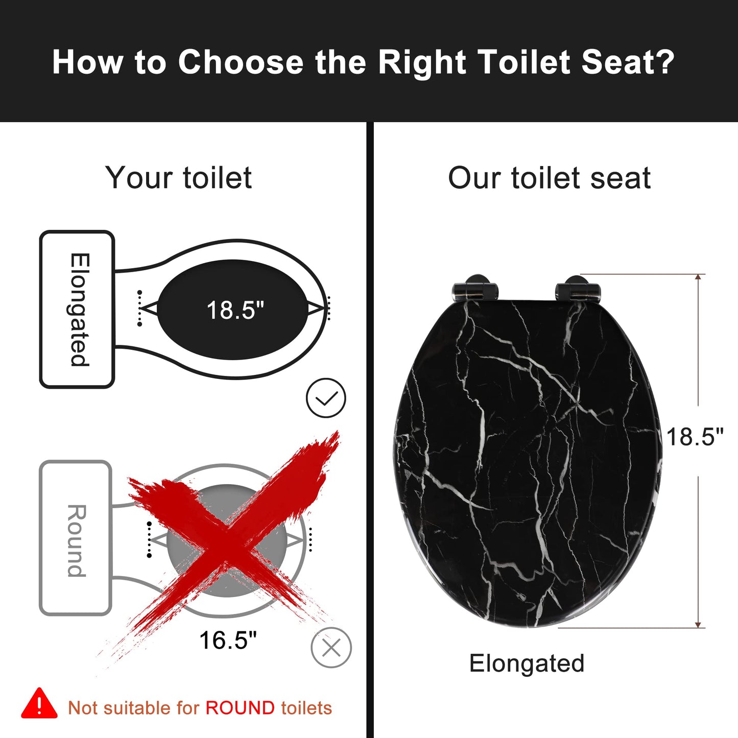 Angel Shield Marble Toilet Seat Durable Molded Wood with Quiet Close,Easy Clean,Quick-Release Hinges (Elongated,Black Marble)