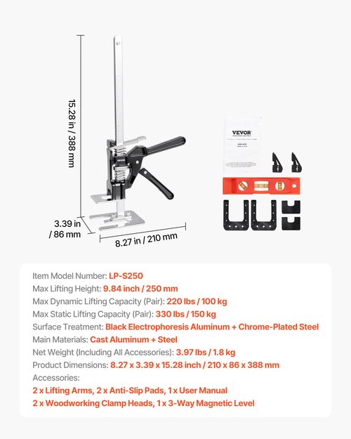 VEVOR Labor Saving Arm Jack, 2 PCS 330 lbs Bearing Capacity, Lifting up to 9.8", Metal Hand Lifting Jack Tool with Magnetic Level, Adjustable Height, for Door, Window, Furniture, Woodworking, Black