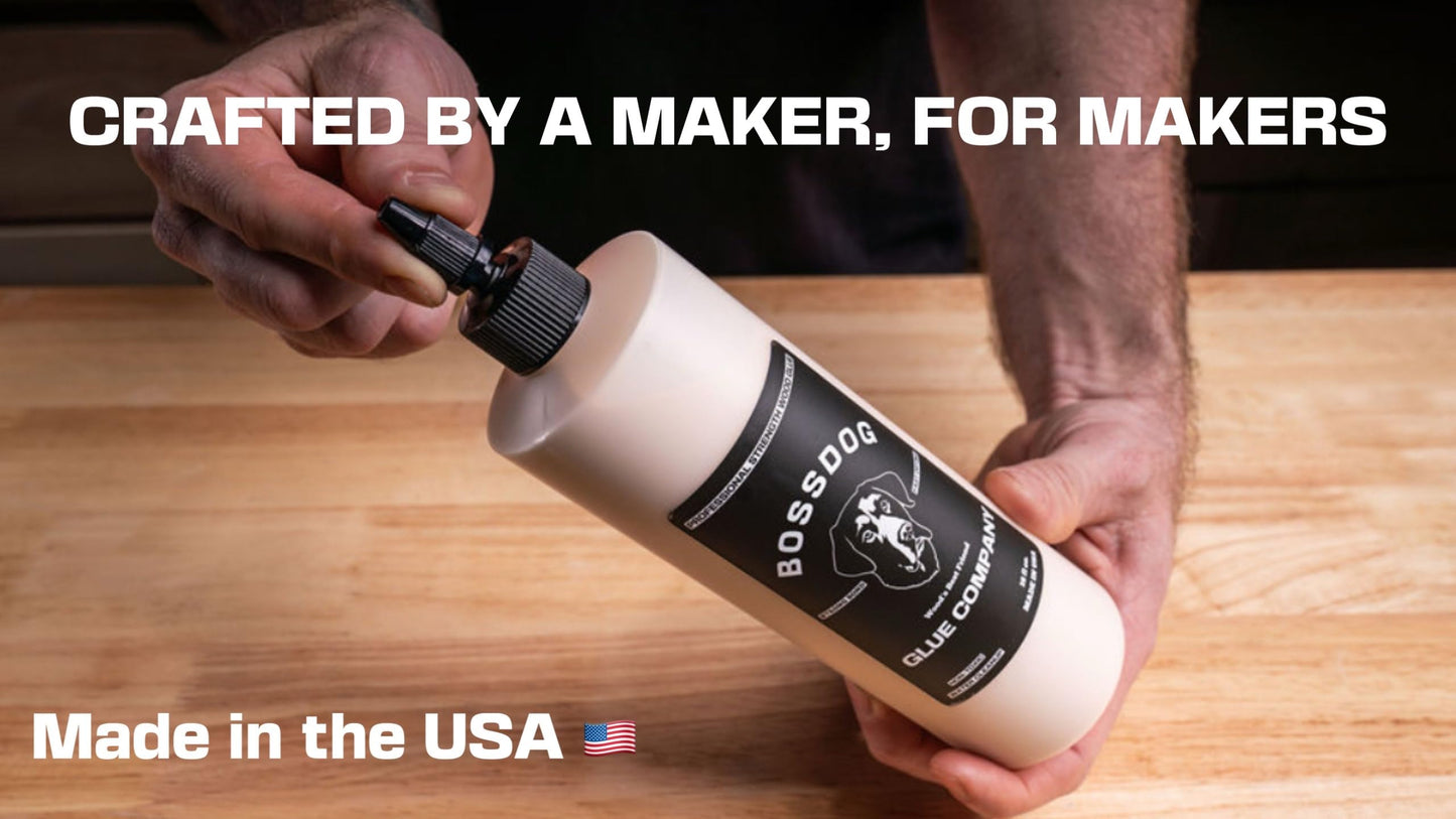 BOSSDOG Wood Glue, Professional Strength, Fast Drying, Cutting Board Safe, Natural tan Color. DIY, Beginner Carpentry, Woodworking, Furniture Repair, 16oz. Large Bottle. Made by a Maker, for Makers