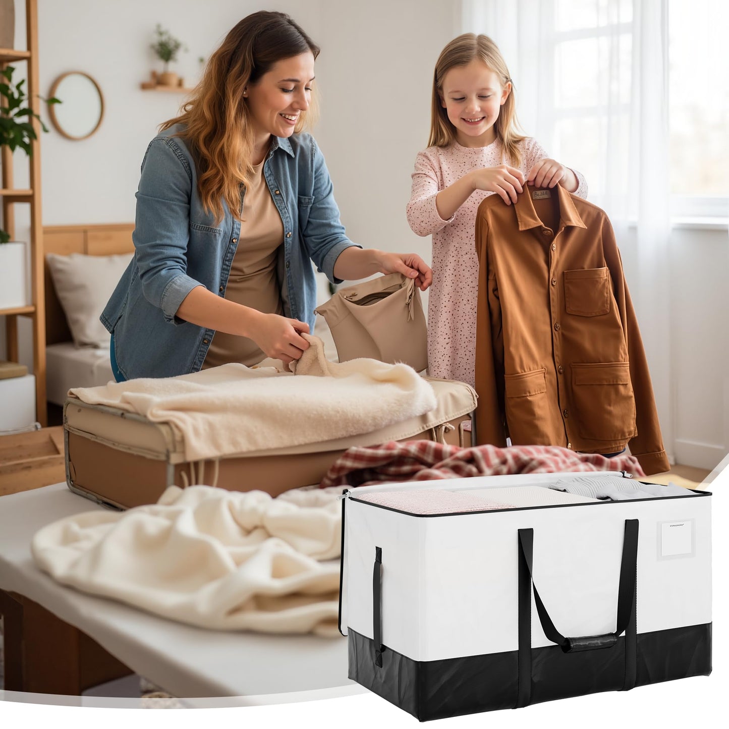 StorageWorks 6 Pack Extra Large Moving Bags, Heavy Duty Storage Packing Tote for Clothes, Alternative to Moving Boxes, Collapsible Moving Supplies with Reinforced Handles, White and Black