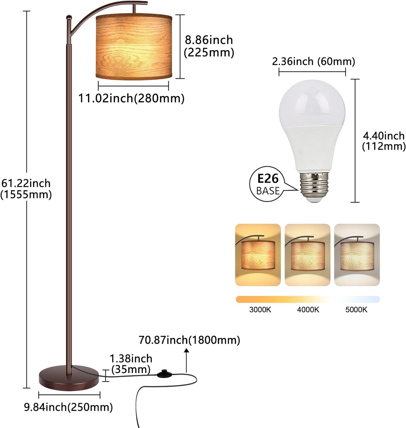 ROTTOGOON Floor Lamp for Living Room with 3 Color Temperatures LED Bulb, Standing Lamp Tall Industrial Floor Lamp Reading for Bedroom, Office (9W LED Bulb, Beige Lampshade Included) -Black