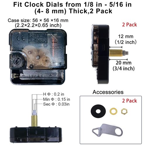EMOON 2 Pack Clock Movement Mechanism with 4 Pairs of Short Hands Battery Silent Sweep Operated Quartz Clock Motor Kit DIY Repair Parts Replacement, 3/4 Inch Total Shaft Length