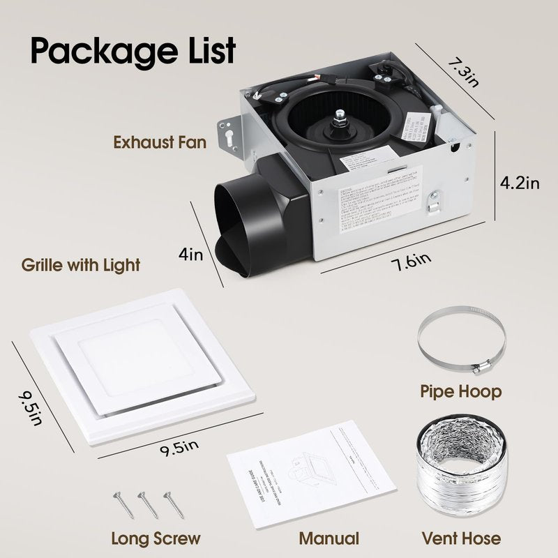 FEITON Bathroom Exhaust Fan with Light (3000K/4000K/5000K), Ceiling Mount, 110 CFM 1.0 Sones, Quiet Square Bath Fan Light Combo(Metal housing, 4 Inch Duct, Ceiling Opening Size: 7.6 x 7.3 Inches)