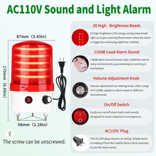 Industrial LED Rotating Warning Light, AC110V Red Strobe Light for Public Emergency Alarms, Indoor/Outdoor Safety Siren with Volume Adjustment/Plug and Buzzer