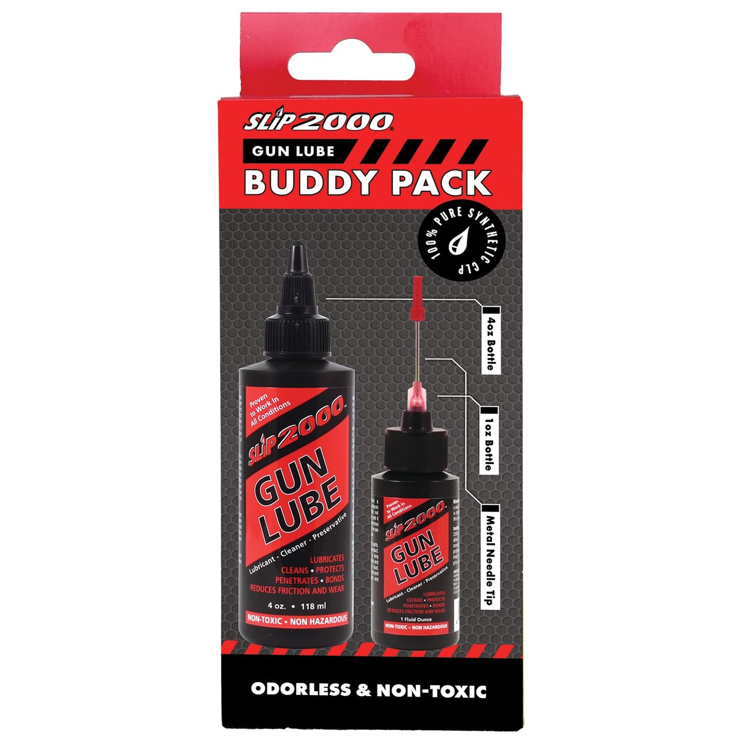Slip 2000 Gun Lube Buddy Pack, Squeeze Bottle with Needle Tip Applicator for All Firearms, 100% Pure Synthetic CLP, Gun Lubricants for Peak Performance, (4 oz and 1 oz)