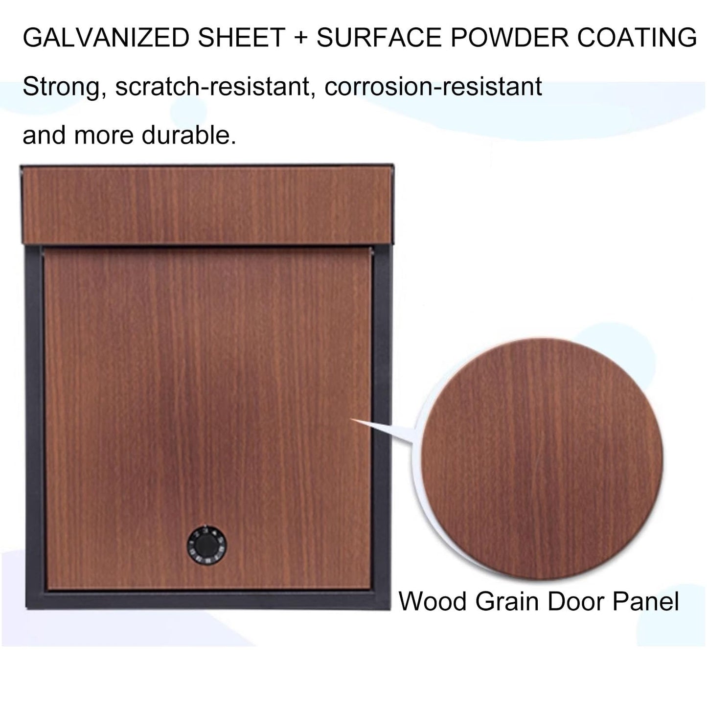 WAMJ AQDY Locking Mailbox Wall Mount, Outdoor Mailbox, with Combination Lock, Large Metal with Wood Grain Door, 12 × 5 × 15 in(Brown)