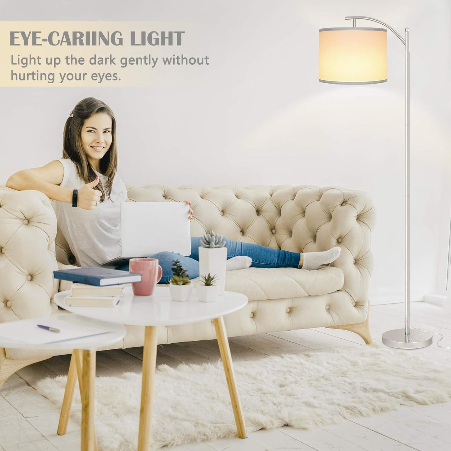 ROTTOGOON Floor Lamp for Living Room with 3 Color Temperatures LED Bulb, Standing Lamp Tall Industrial Floor Lamp Reading for Bedroom, Office (9W LED Bulb, Beige Lampshade Included) -Black