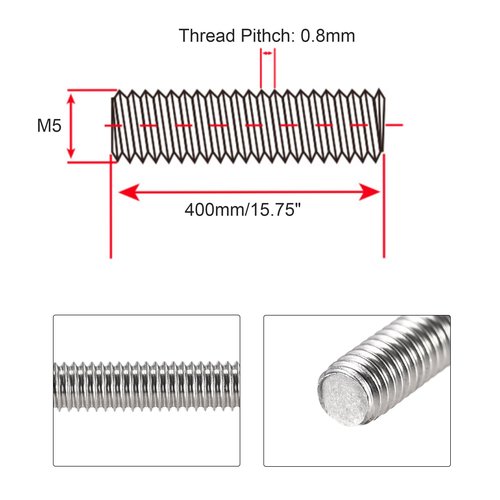 HiPicco M5 x 400mm Fully Threaded Rod & Studs, 304 Stainless Steel Right Hand Threads Rods, M5-0.8 Thread Pitch for Anchor Bolts, Clamps, Hangers and U-Bolts 4 Pack【with Nuts】