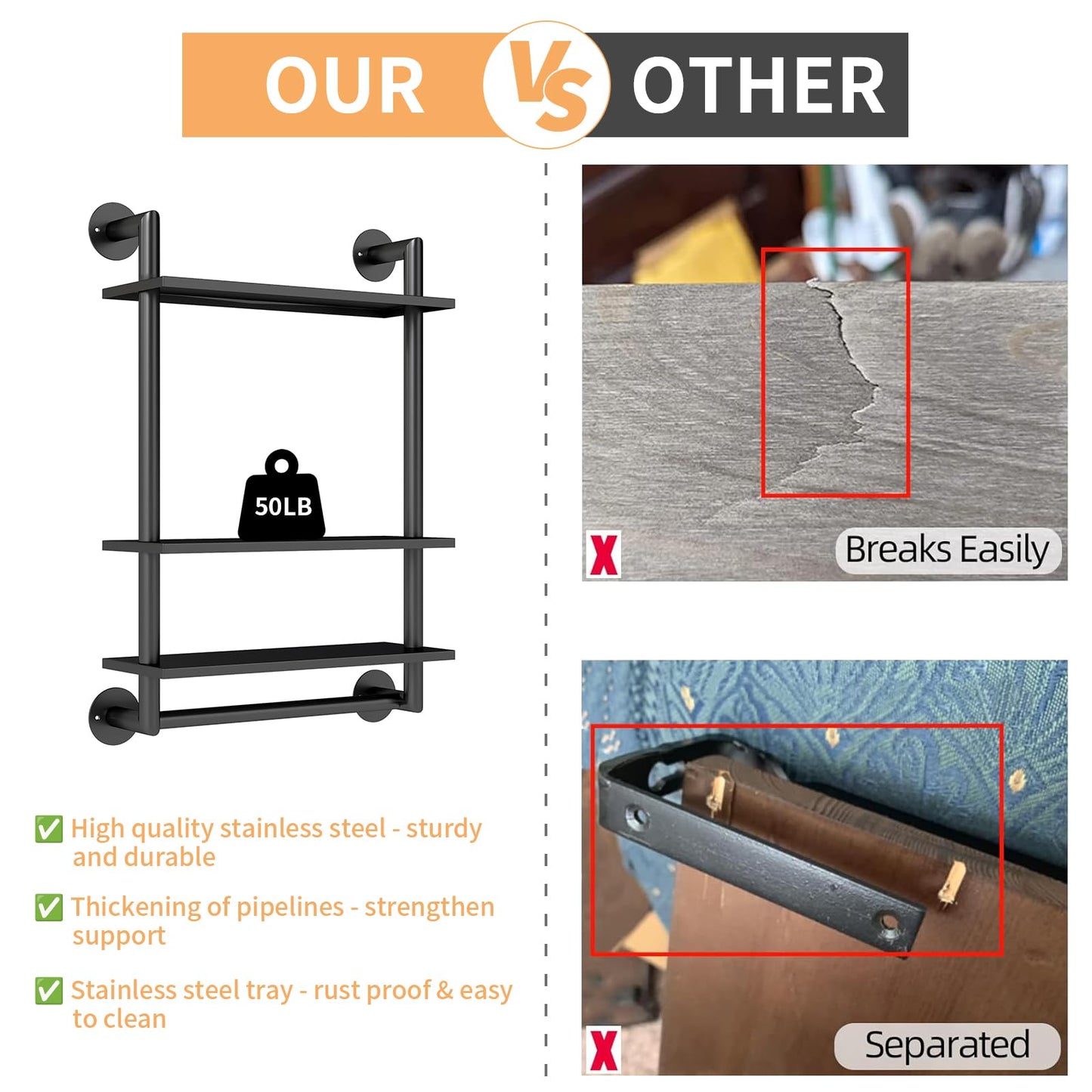 Bathroom Shelves Wall Mounted, 3 Tier Towel Racks with Towel Bar, 26in Stainless Steel Floating Pipe Shelves Over Toilet, Wall Shelves for Bathroom Laundry Room Kitchen Storage