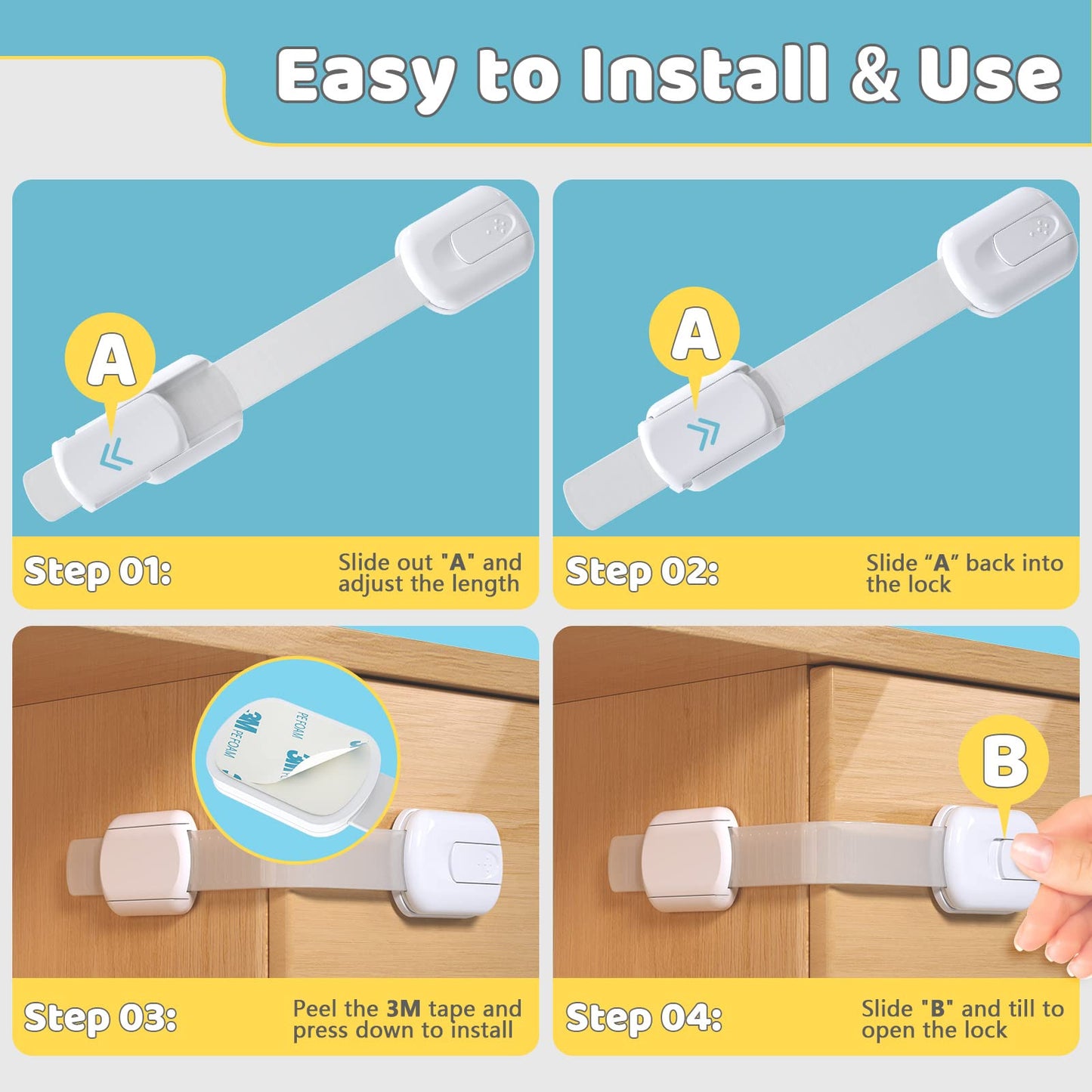 4our Kiddies 14 Pack Baby Proof Cabinet Latches, Childproof Drawer Latches with 12 Extra 3M Adhesives, Adjustable No Drilling Child Safety Cabinet Locks Straps Baby Drawer Locks for Kids Baby Safety