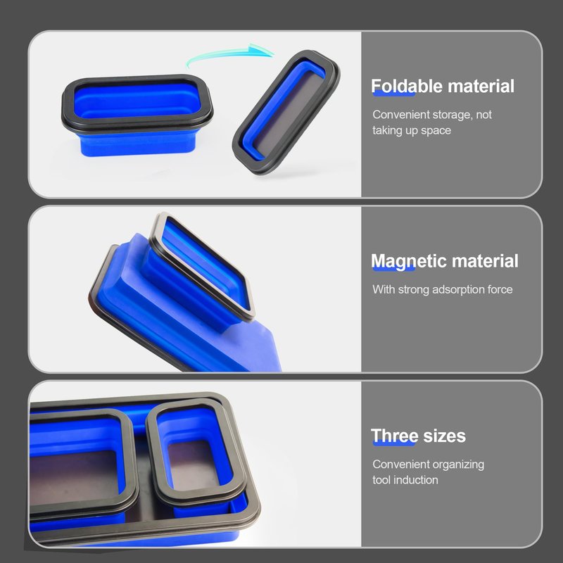 stochastic box Collapsible Magnetic Parts Tray Set Foldable Magnetic Tray 3 Different Size Silicone Tool Trays for Screw, Bolts,Nuts,with Magnetic Base Stores and Organizes Small Parts and Tools