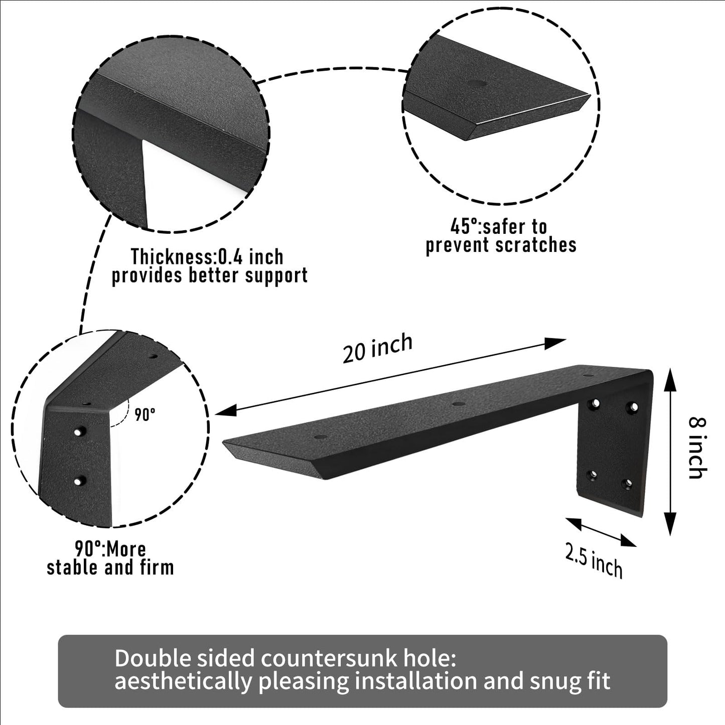Countertop L Brackets 20 Inch Heavy Duty Granite Countertop Bracket 0.4 Inch Thick 20"x8"x2.5" Hidden Countertop Support Brackets for Quartz/Granite/Wood/Concrete/Laminate Countertops (3pack)