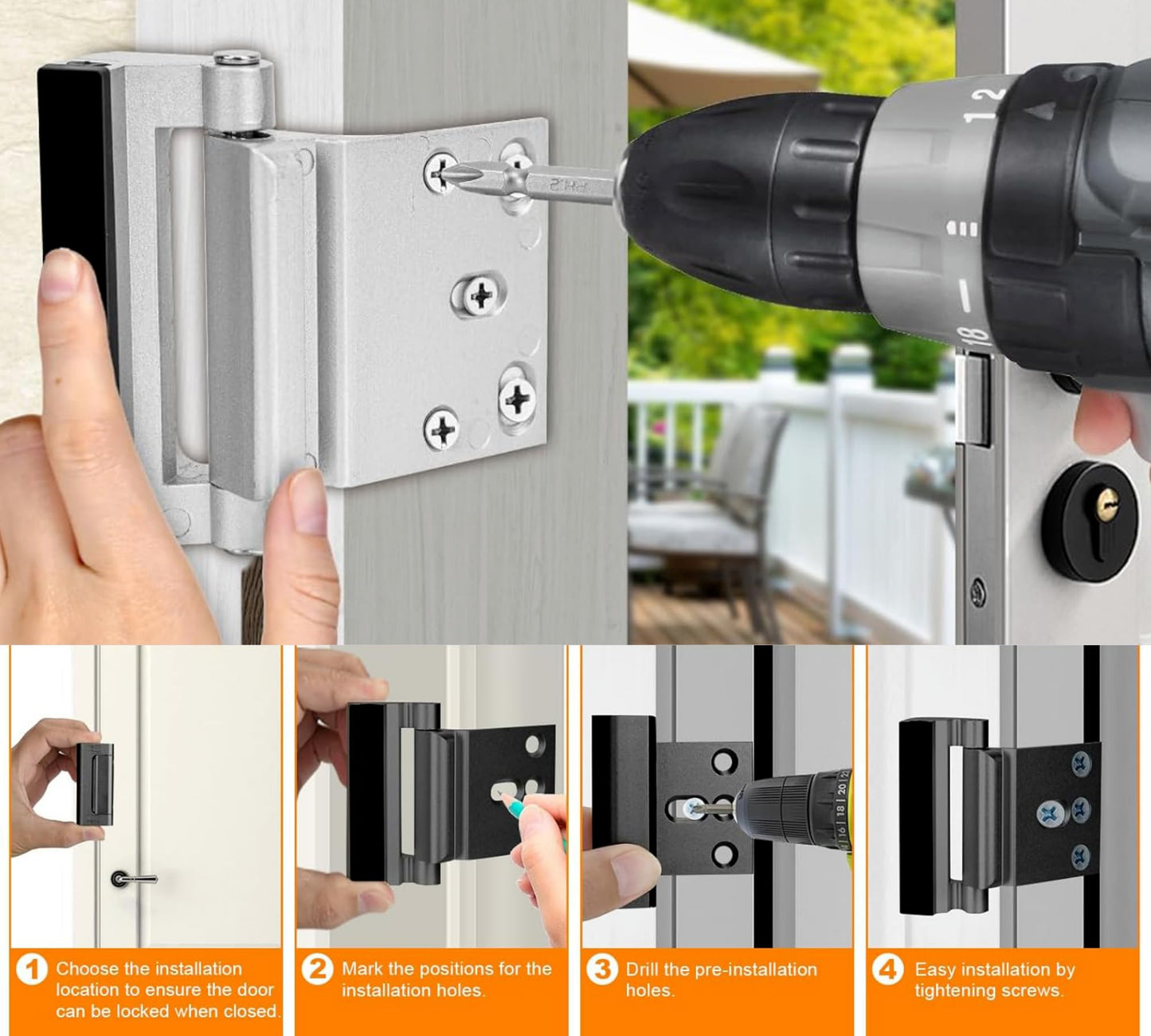 Home Security Door Locks for Kids Safety 2 Pack Extra Childproof Door Reinforcement Lock Latch Device from Inside for Inward Swinging Front Back Patio Courtyard Bedroom Interior Doors (Sliver+Black)