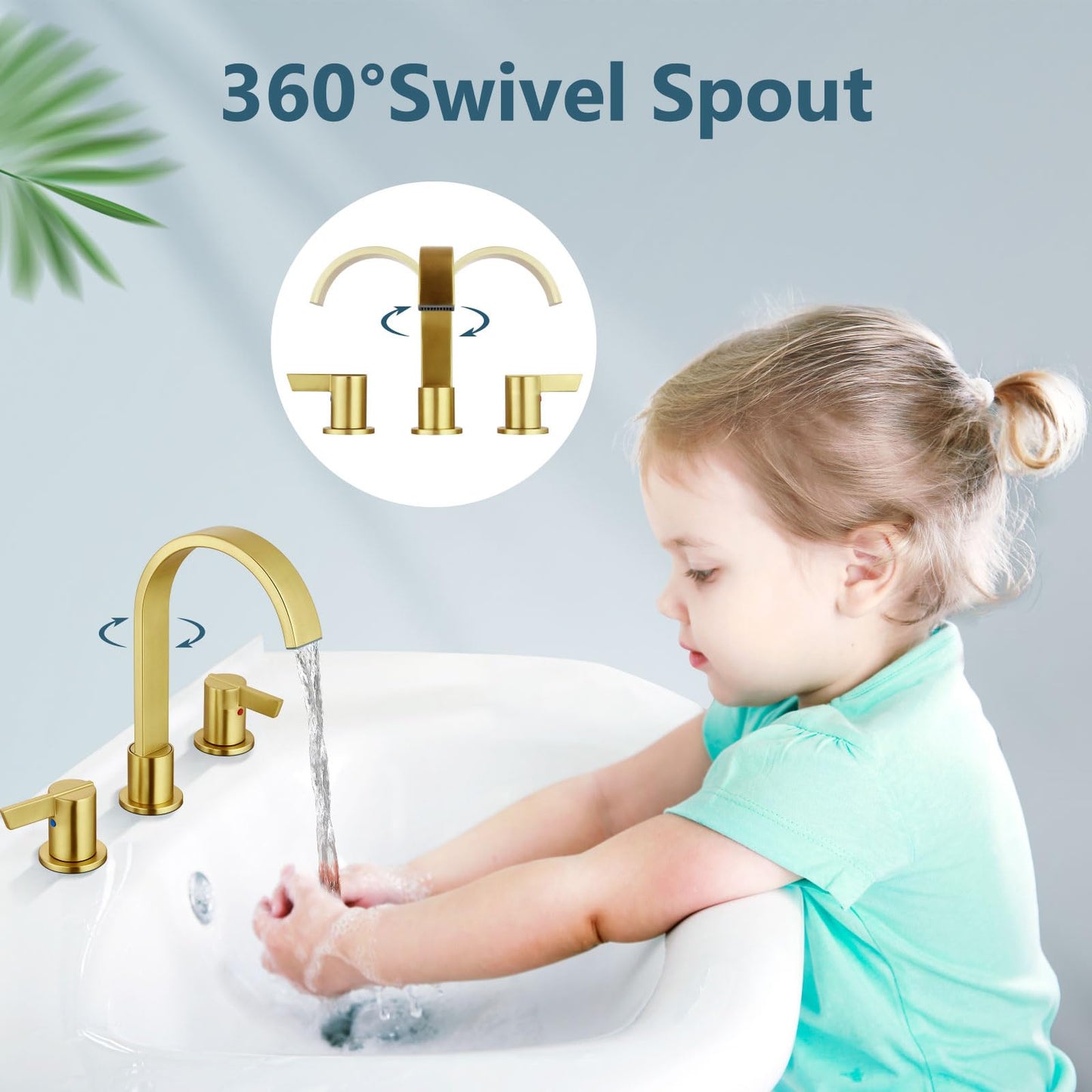 Aolemi Waterfall Bathroom Faucets 3 Hole 8 Inch Widespread Bathroom Sink Faucet 2 Handles with Pop-up Drain and Supply Hose Suitable for Vanity RV Restroom Brushed Gold