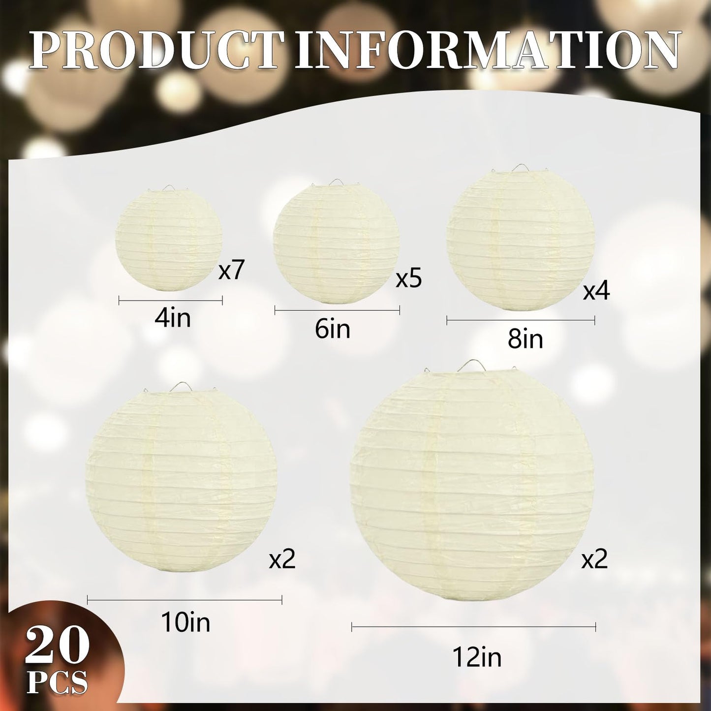 20Pcs Cream Paper Lanterns for Parties, 6” 8” 10” 12” Chinese Asian Hanging Round Paper Lanterns for Birthday Wedding Halloween Christmas Home Decor Party Decor
