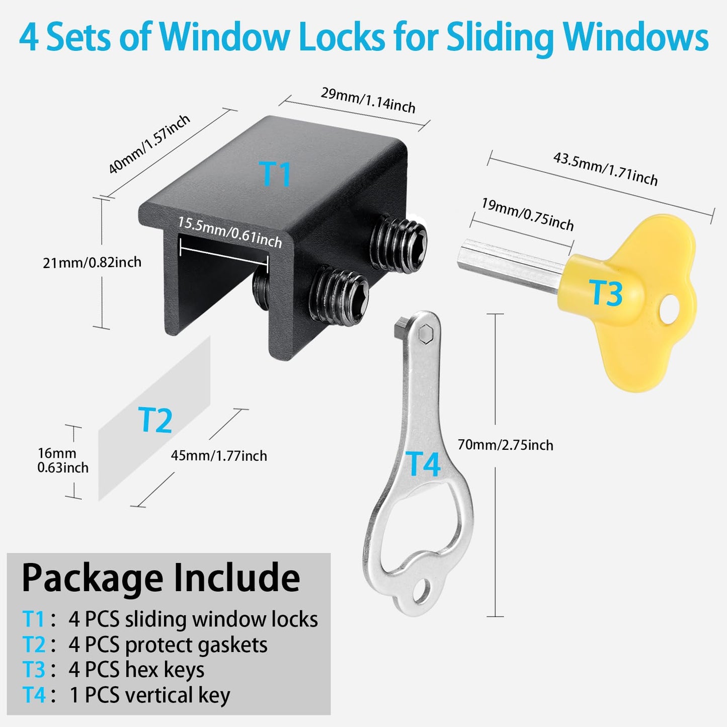 ZRFCXE Window Locks,4 Pack Sliding Window Locks with Key for Vertical & Horizontal Sliding Windows Doors,Easv to Install,Adjustable Security Window Lock for Patio Bedroom Home and Office (Black)