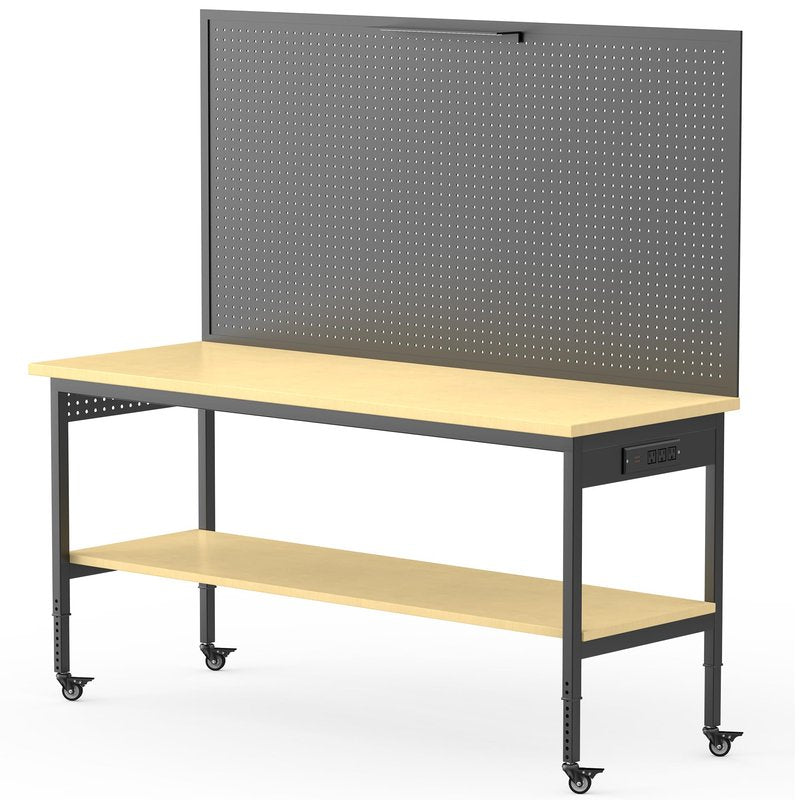 60" Adjustable Height Workbench,9-Level Heavy Duty Work Table with Storage Shelf Pegboard LED Light & Built-in Power Strip, 2010 lbs Load Capacity Rolling Tool Bench for Garage Workshop