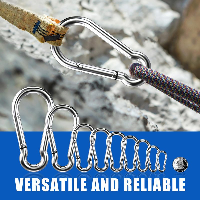 Small Carabiner Clip Hooks, 10pcs 1.57 inch Carabiners Heavy Duty, 304 Stainless Steel Spring Snap Hook Fits Camping Hiking, Metal Clips for Rope Chain Keychain Keys Rings