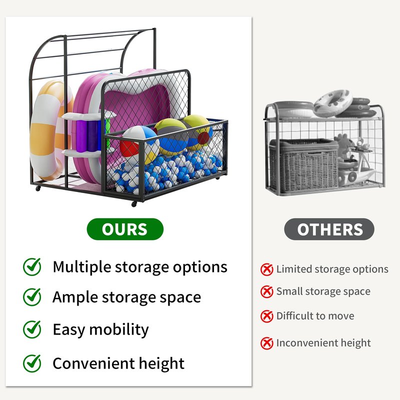 tenouaai Pool Float Storage, Metal Pool Storage Bin with Rolling Wheels, Outdoor Pool Organizer for Floaties, Noodles, Life Vests, Beach Balls (33.4*37.7*36.8)