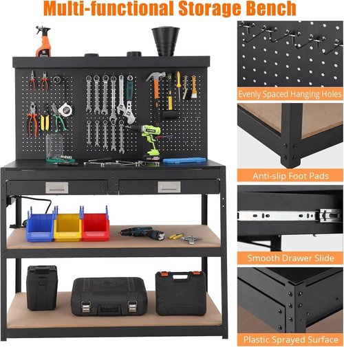 Workbench with Drawers,48'' Work Table for Garage & Workshop - 1000lbs Capacity, 2 Drawers & Pegboard, 0.48" Hardwood Top, 4 AC Outlets, Metal Tool Bench