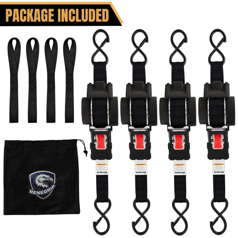 Renegrip Retractable Ratchet Straps Heavy Duty Tie Down 1''*12ft Breaking Strength 1760LBS Cargo Securing System,for Motorcycle,UTV,ATV,Trailer(Black,4Pack)
