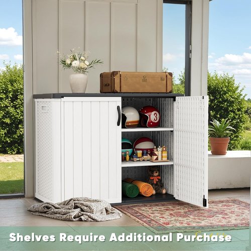 Devoko Shelf of Resin Outdoor Storage Cabinet, 26 Cu Ft Outdoor Storage Shed Waterproof Patio Tools Storage Box (2 Pieces) (White)