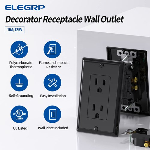 ELEGRP Decorator Receptacle, 15A 125V Standard Electrical Wall Outlet, 2 Pole 3 Wire, Non-Tamper Resistant, NEMA 5-15R, Self-Grounding Residential Grade, w/Wall Plate, UL (Glossy Black, 10 Pack)