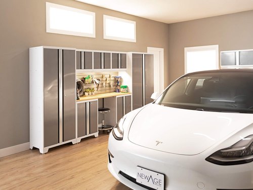 NewAge Products Bold Series White 9 Piece Set, Garage Cabinets, White with Bamboo Worktop, 54992