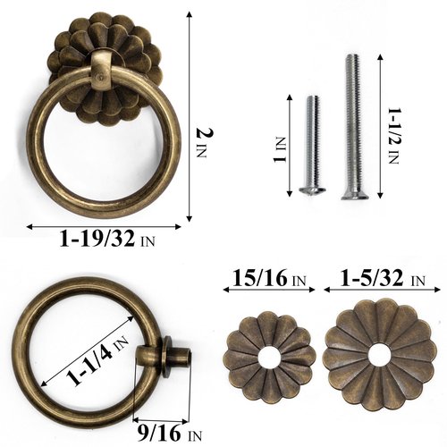 FIRSORCA 6Pcs Antique Bronze Ring Pulls Vintage Circle Pulls with Flower Deco Knobs Handles for Drawer Cabinet Closet Cupboard