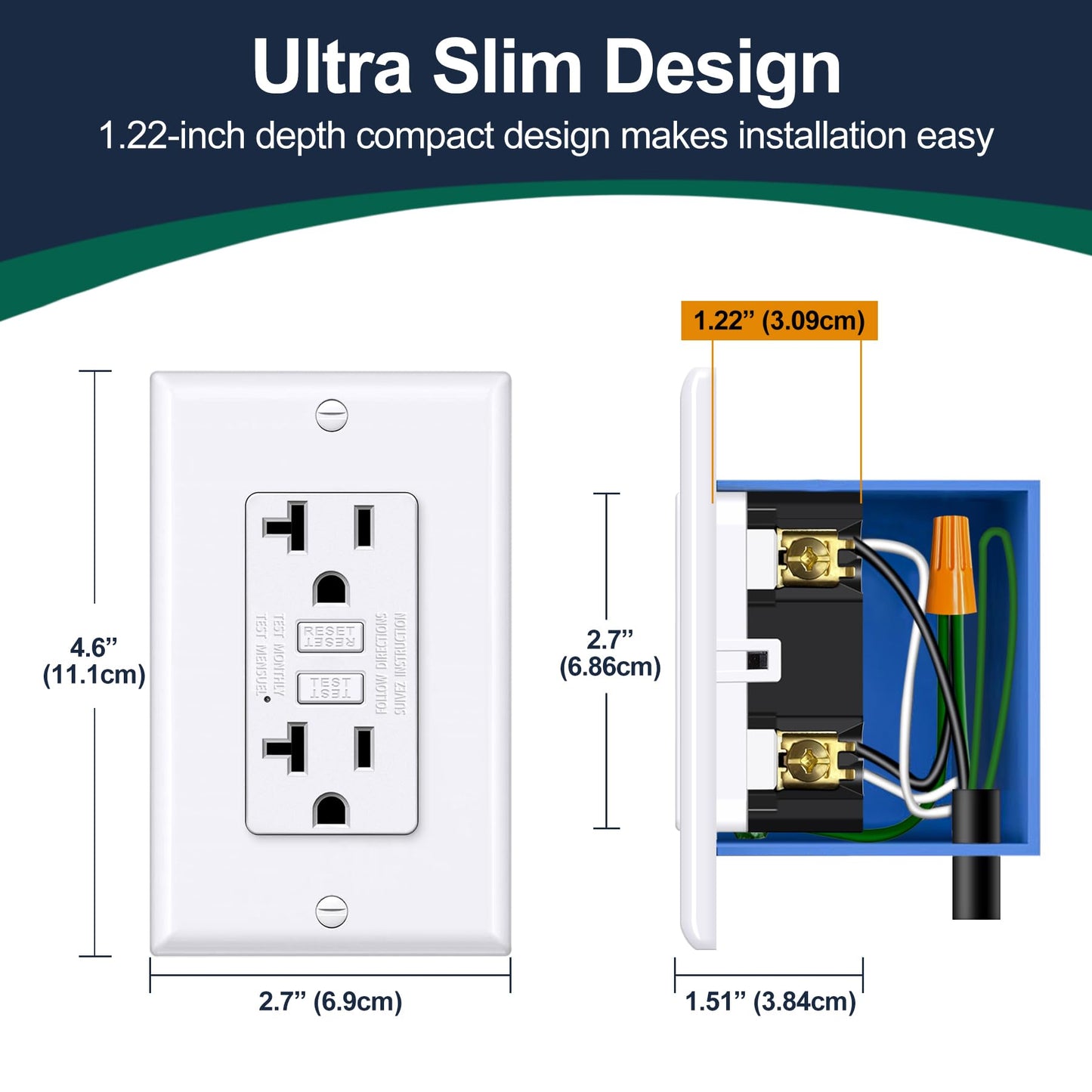 BESTTEN 20 Amp GFCI Outlet with Thinner Design, GFI Electrical Outlet with LED Indicator, Non-Tamper-Resistant GFCI Receptacle, Wallplate Included, ETL Certified, 10 Pack, White