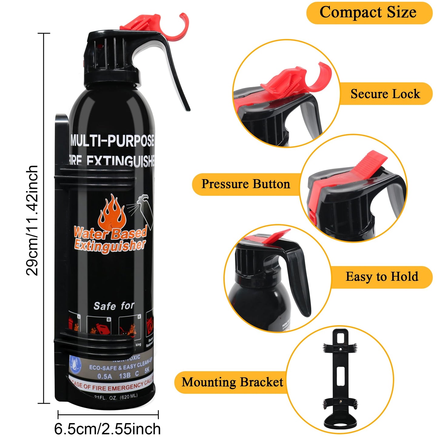 Fire Extinguishers for Home, 1 Pack Vehicle Fire Extinguisher with Mount, Portable Fire Extinguisher Effective on A, B, C, K Fires, Water-Based Extinguisher for Car Boat Office Truck Kitchen Garage RV