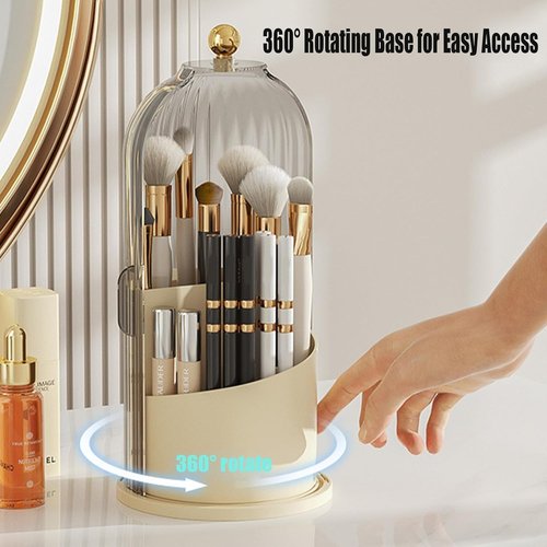 Concealed Toothbrush Holder, Makeup Brush Organizer with Clear Lid, 360 Rotating Dustproof Waterproof 3 Slots Makeup Brush Holder, for Dresser Tabletop Bathroom Countertop (Green)
