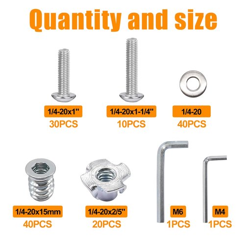 weideer 140PCS 1/4"-20 T-Nuts,1/4"-20 Threaded Inserts for Wood,304 Stainless Steel Bolts,Button Head Hex Socket Bolts with Washers Hex Wrench
