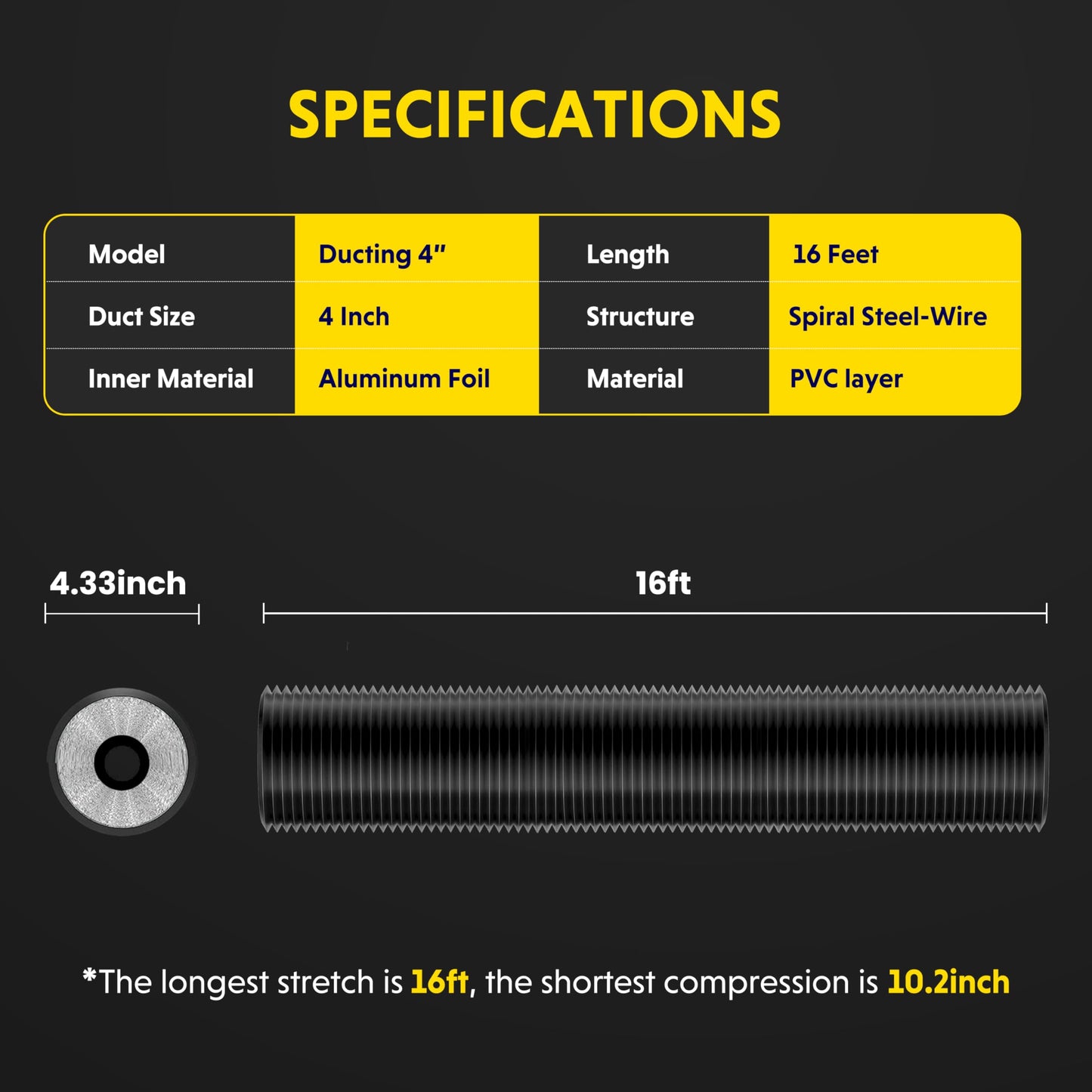 Flexible 4-Inch Aluminum Ducting, Dryer Vent Hose, Heavy-Duty Three-Layer Protection, 16-Feet Long for Heating Cooling Ventilation and Exhaust, Black