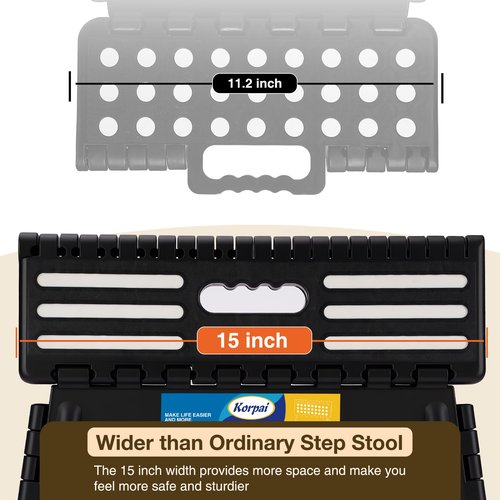 Korpai 5" Folding Step Stool for Adults and Kids 15-Inch Extra Wide Stool Holds Up to 300 lbs,Non-Slip Folding Stools with Handle,Compact Plastic Foldable Step Stool for Bathroom,Kitchen,ect, Black