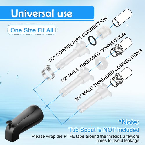 GVRGO Universal 4-in-1 Tub Spout Diverter Repair Kit with Slip Fit Adapter for 1/2'' & 3/4'' IPS, Copper Pipes, and All Threaded Connections – Leak-Proof Bathtub Faucet Replacement Kit