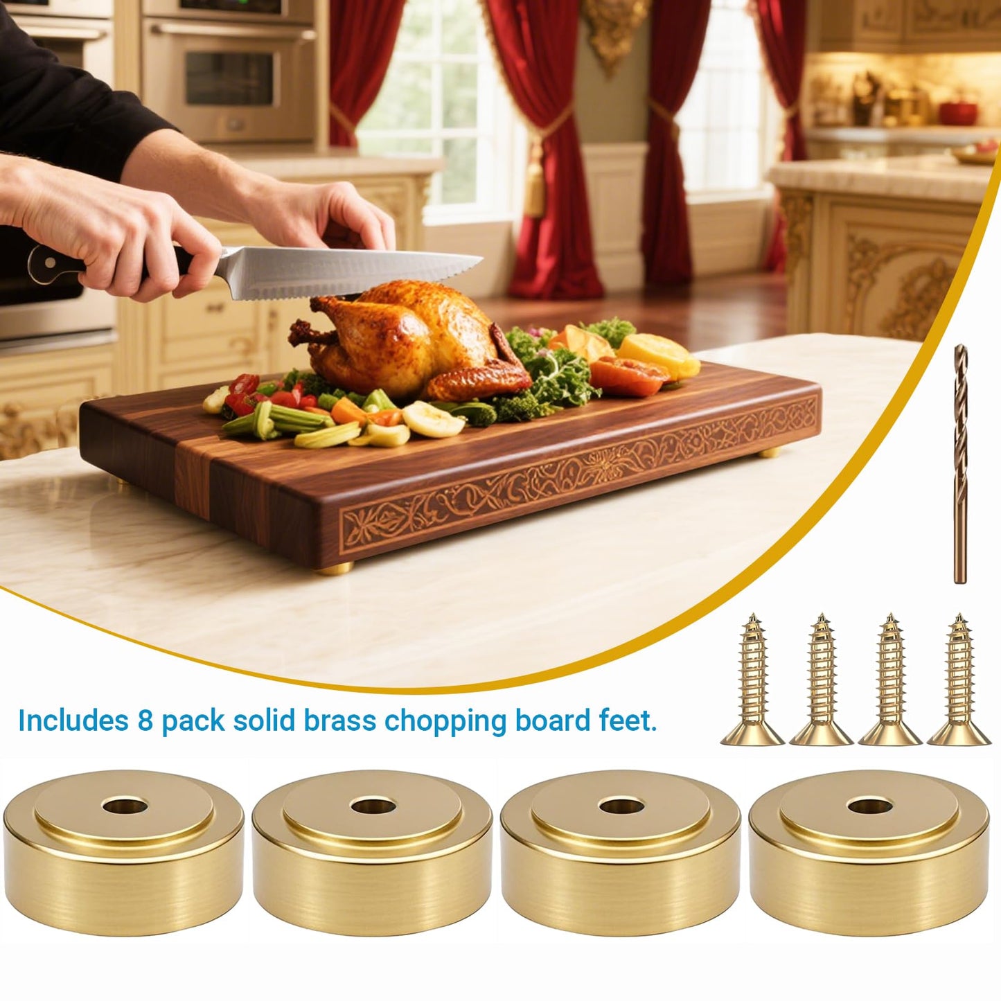 Zepkouel 8 Pack Brass Cutting Board Feet with Non Slip Pads,Rubber Feet for Cutting Board,1 Inch Rubber Feet Solid Brass