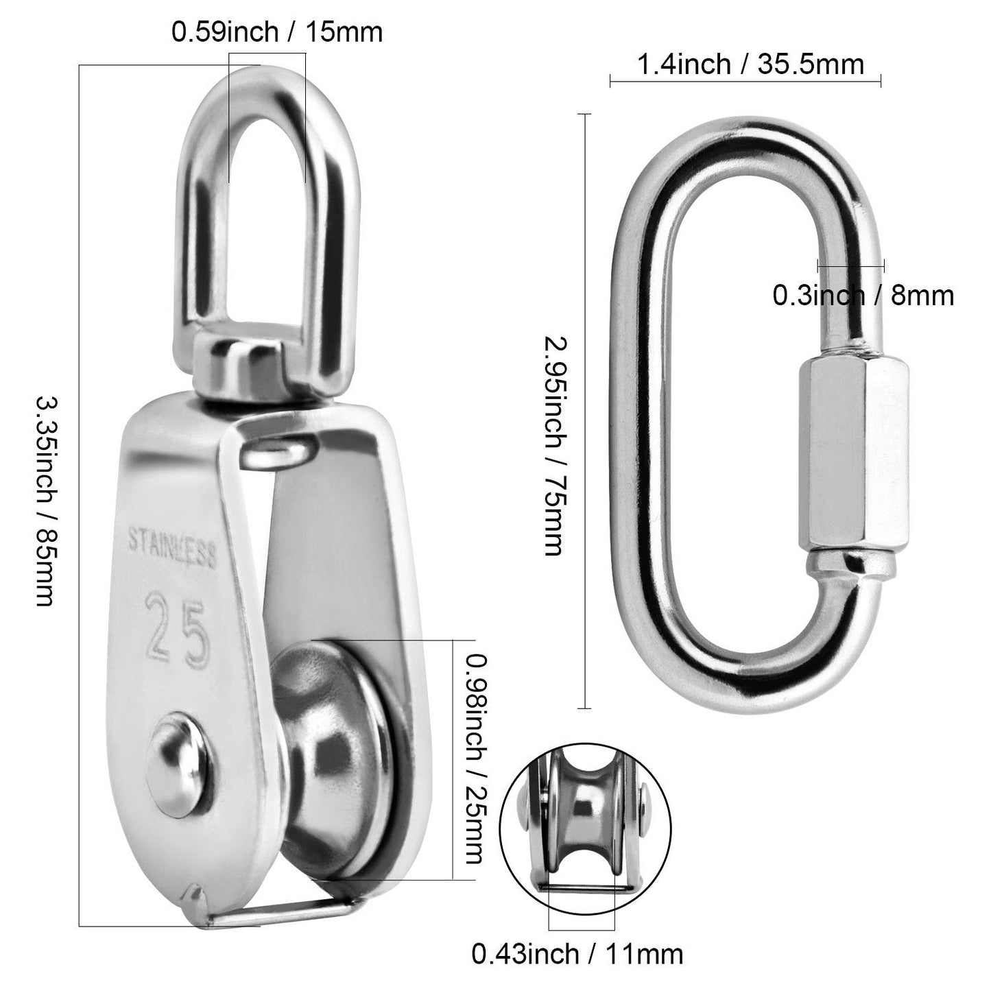 ZOENHOU 4 Pack 25MM Single Pulley Block Set with 6 Quick Links, M25 Stainless Steel Snatch Block System, Wire Rope Hanging Wire Towing Wheel for Lifting Cable, Loading 500Lbs
