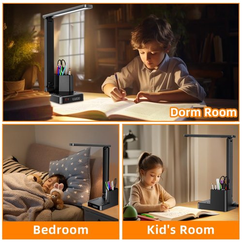 Desk Lamp,Desk Lamps for Home Office,COZOO LED Desk Lamp with 2 USB Charging Ports,2 Pen Holders,1 Outlet,3 Color 3 Brightness Levels,Touch/Memory/Timer,LED Desk Light Small Desk Lamp Kids Study Lamp