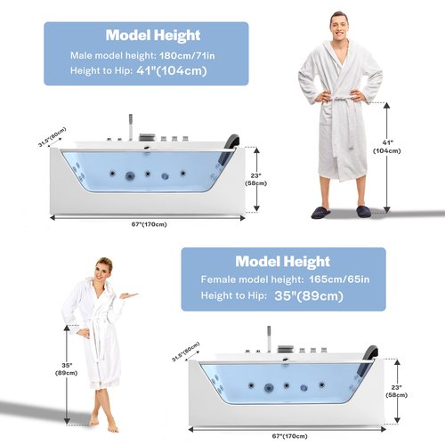Empava 67” Whirlpool Bathtub with Chromatherapy, Hydrotherapy Jetted Bathtub with Glass Panel, 11 Jets,3-Side Apron,67 Gallons,ETL Certified, White