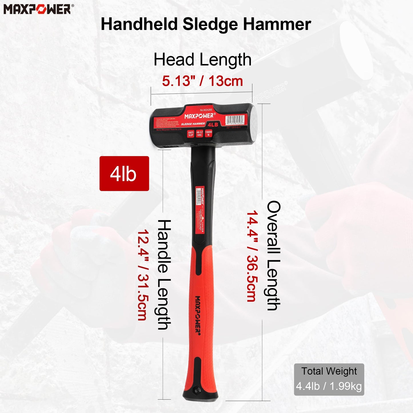 MAXPOWER 4lb Sledge Hammer, Steel Head, 12-inch Fiberglass Handle Shock-resistant