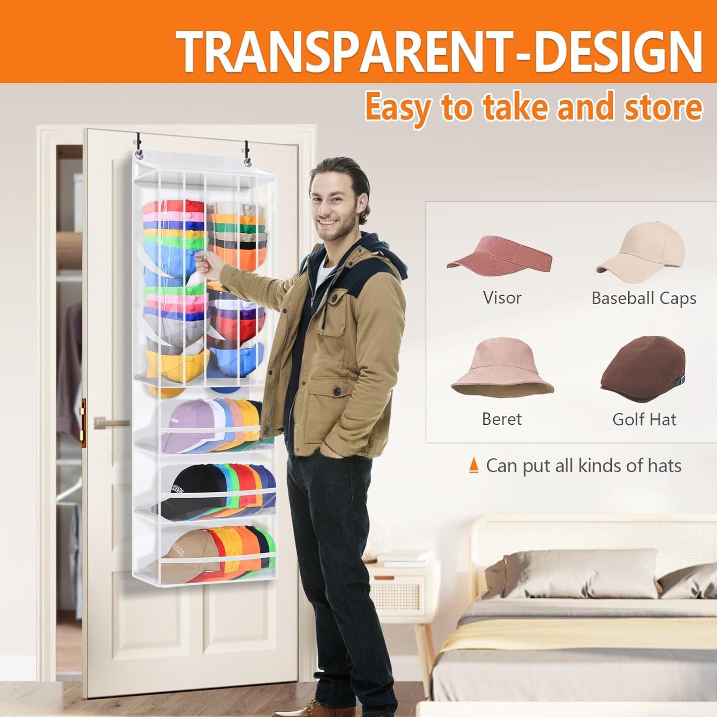 Toread Dual Purpose Over The Door Hat Organizer,Holds 80+ baseball caps Baseball Hat Organizer,Adjustable-hook design Hat Rack For Door,Fits closet/bedroom/pantry Over Door organizer-W