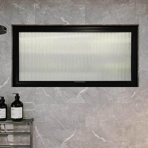360° Rotation Aluminum Sliding Window with Tempered Glass - Rectangular Metal Rainproof Replacement Windows for Bathroom/Kitchen/Living Room, White Vertical Stripe Design (Durable Handle Included)