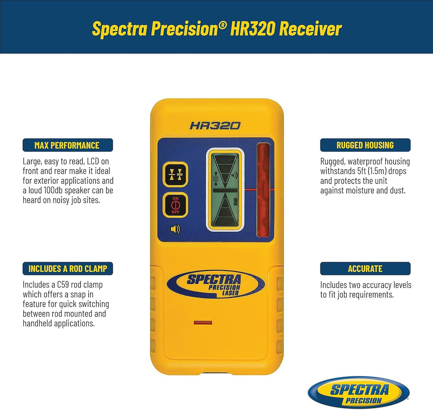 Spectra Precision HR320 Laser Receiver with C59 Rod Clamp, Front & Rear LCD Displays, Loud Speaker, Waterproof, Red