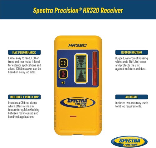 Spectra Precision HR320 Laser Receiver with C59 Rod Clamp, Front & Rear LCD Displays, Loud Speaker, Waterproof, Red